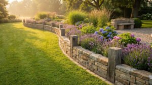 Vue d'une bordure de jardin incurvée en pierres et poteaux de bois, séparant une pelouse d'un parterre de lavande et hortensias.
