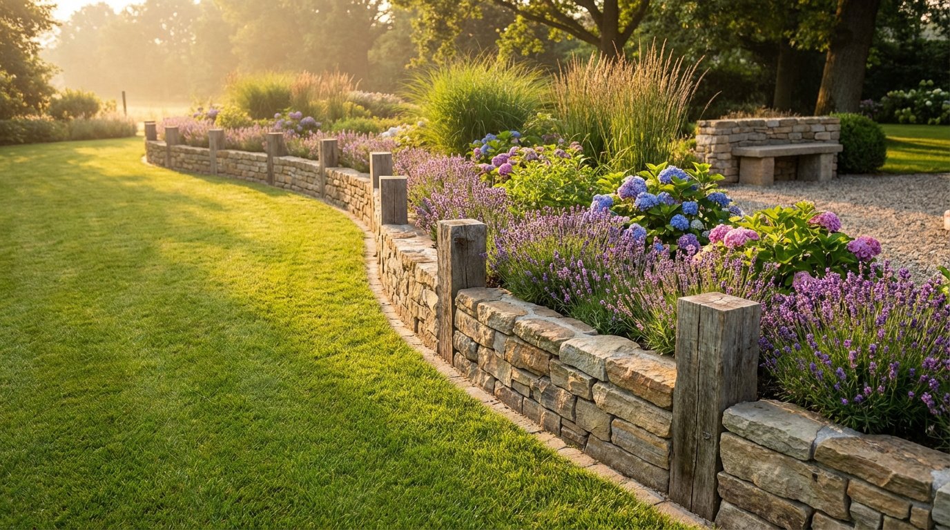Vue d'une bordure de jardin incurvée en pierres et poteaux de bois, séparant une pelouse d'un parterre de lavande et hortensias.