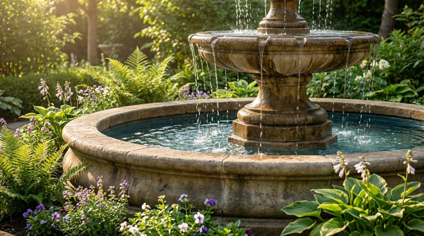 Fontaine de jardin en pierre à deux niveaux avec eau jaillissante, entourée de verdure luxuriante et de fleurs sous un soleil doux.