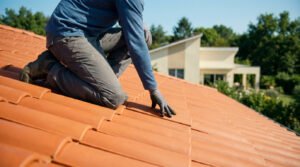 Un couvreur, agenouillé sur un toit en tuiles de terre cuite, examine les carreaux. Arrière-plan flou d'une maison et arbres.