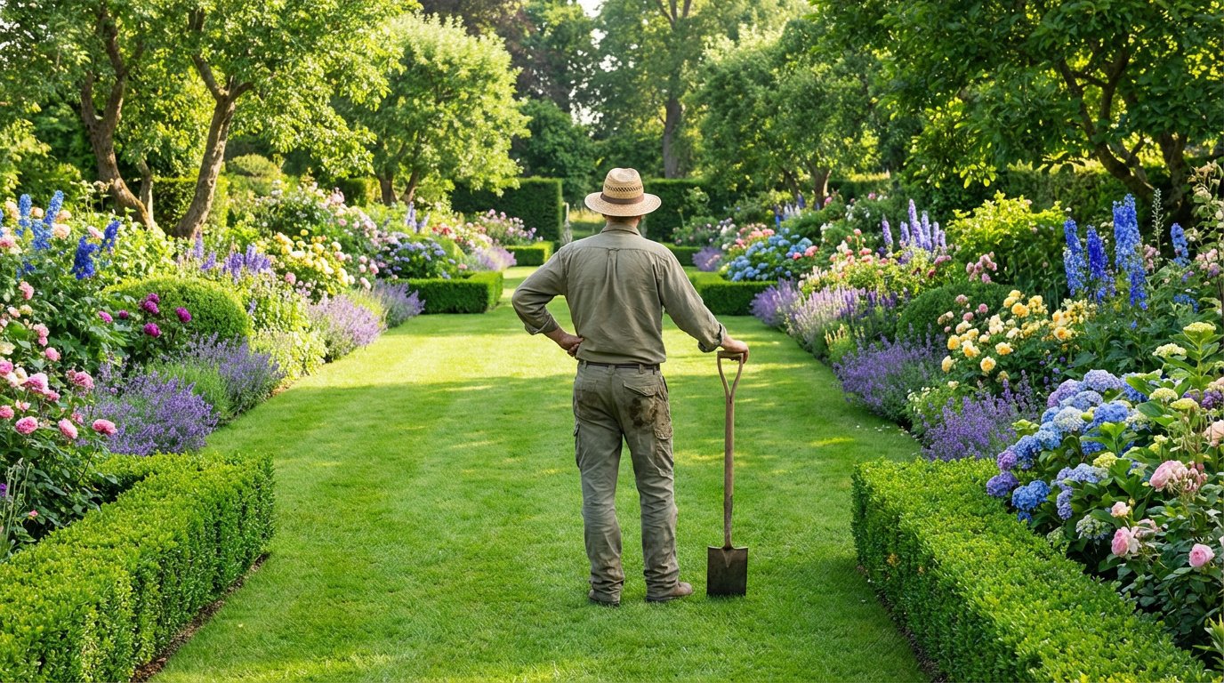 Un jardinier en chapeau et tenue de travail, pelle à la main, admire une allée de pelouse bordée de massifs de fleurs colorées et d'arbustes.