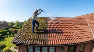 Un professionnel nettoie une toiture couverte de mousse avec un nettoyeur haute pression, montrant la différence avant et après.