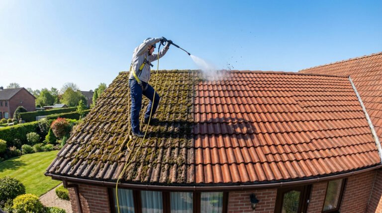 Un professionnel nettoie une toiture couverte de mousse avec un nettoyeur haute pression, montrant la différence avant et après.