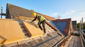 Ouvrier posant des panneaux isolants sur une toiture en rénovation par l'extérieur, avec échafaudage et tuiles.