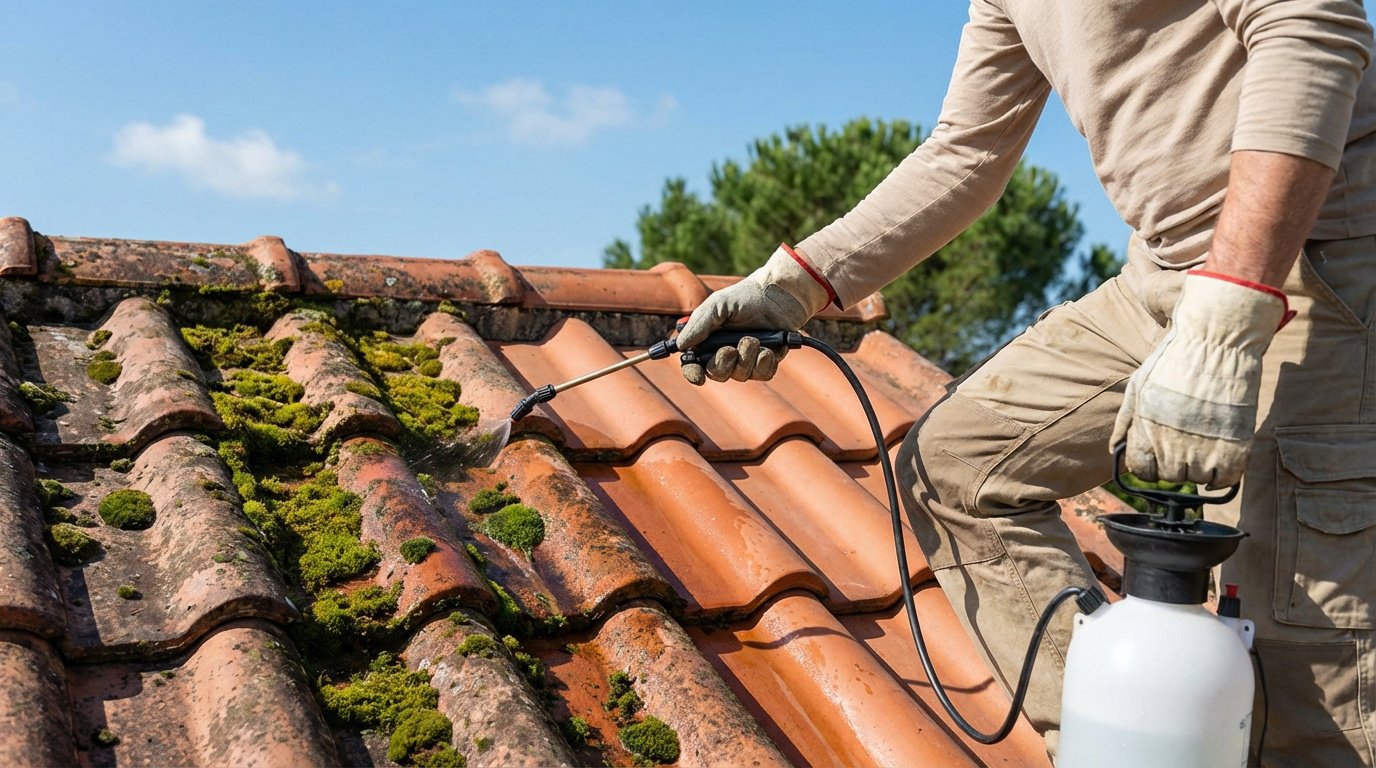 Un homme traite une toiture en tuiles envahie par la mousse avec un pulvérisateur pour protéger l'étanchéité.