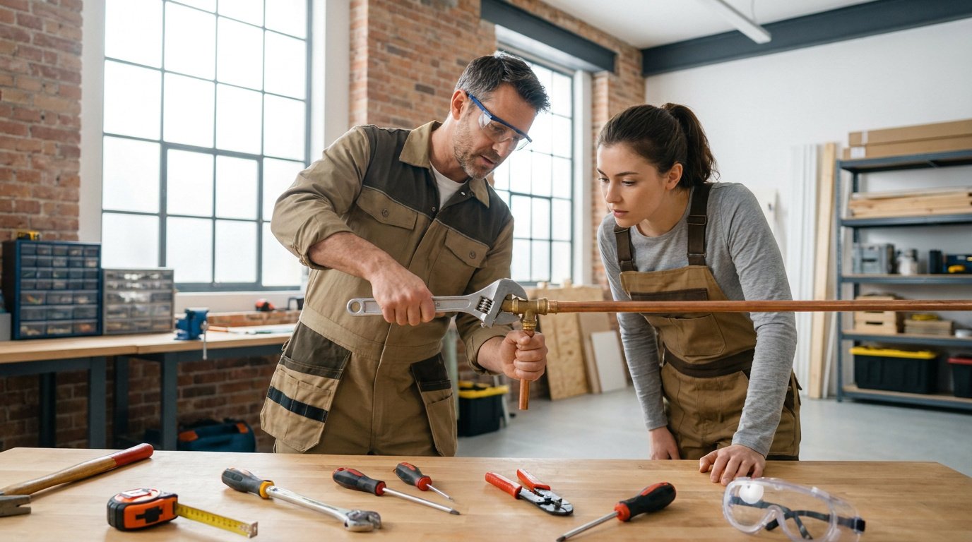 Un instructeur montre à une apprentie comment serrer un raccord de tuyau en cuivre lors d'un cours de bricolage.