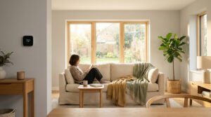 Une femme lit paisiblement sur un canapé dans un salon confortable équipé d'un thermostat mural intelligent.