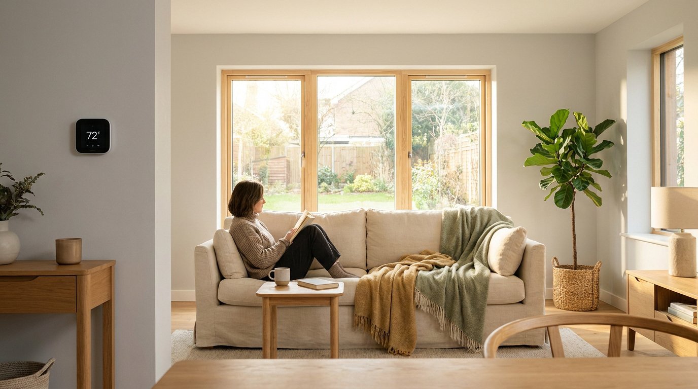 Une femme lit paisiblement sur un canapé dans un salon confortable équipé d'un thermostat mural intelligent.