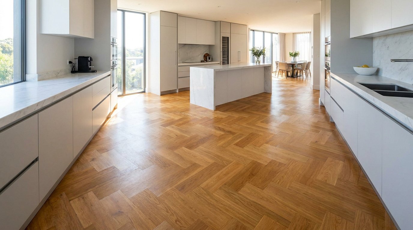 Cuisine moderne ouverte avec un parquet en chêne posé en chevrons, îlot central en marbre et armoires blanches.