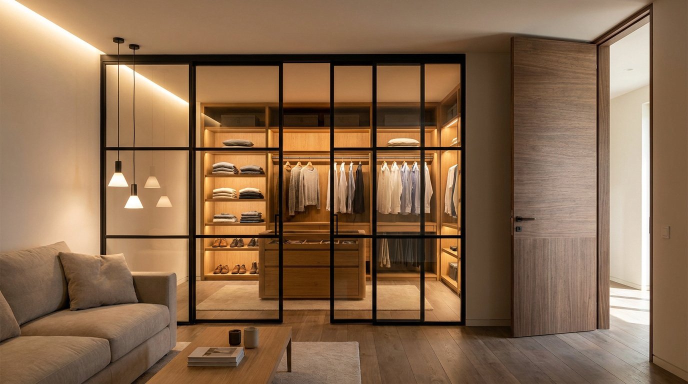 Dressing chic séparé du salon par une verrière noire et porte en bois assortie au mobilier.