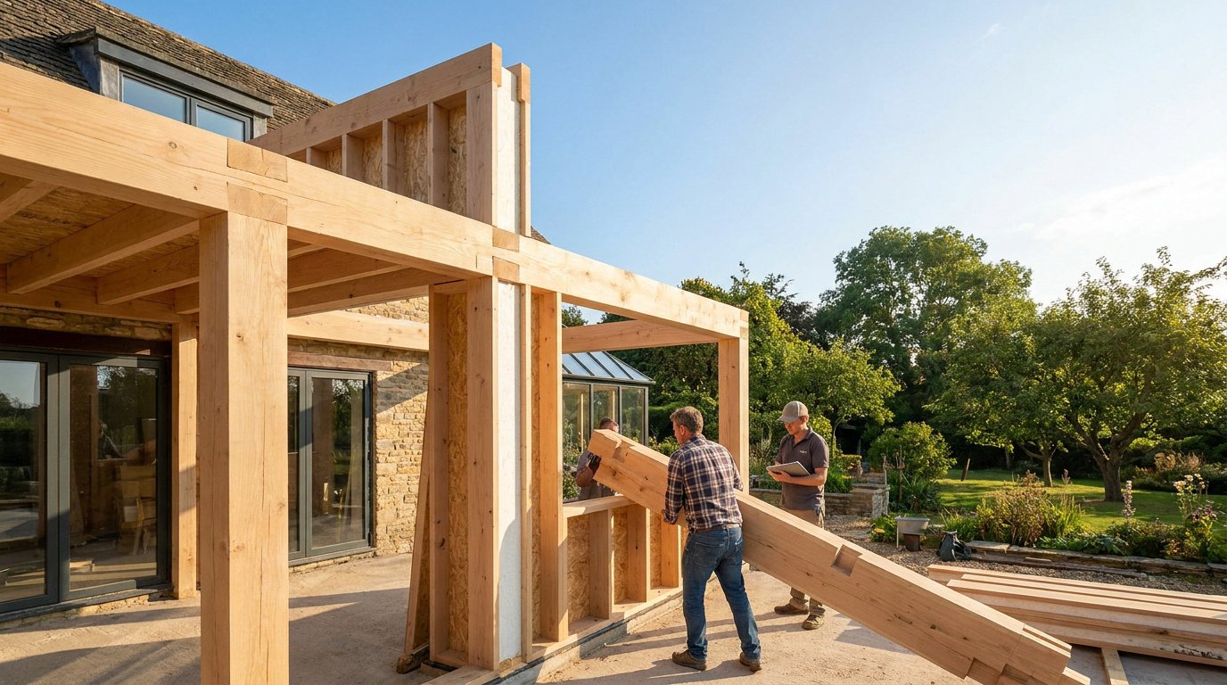 Deux ouvriers assemblent la structure en bois d'une extension de maison en kit dans un jardin.