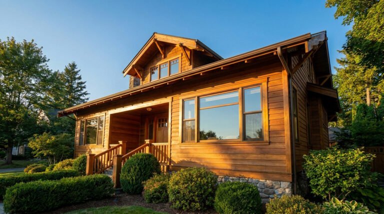 Belle maison en bois avec une façade bien entretenue entourée d'un jardin verdoyant sous un ciel bleu.