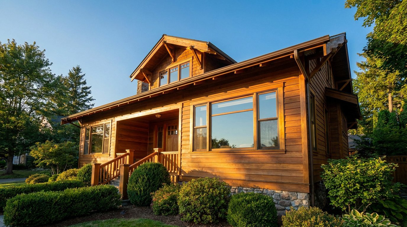 Belle maison en bois avec une façade bien entretenue entourée d'un jardin verdoyant sous un ciel bleu.