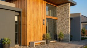 Maison moderne avec mur en bois vertical, colonne en pierre naturelle et jardin paysager épuré.
