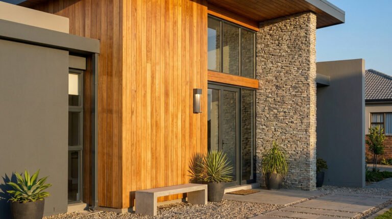 Maison moderne avec mur en bois vertical, colonne en pierre naturelle et jardin paysager épuré.
