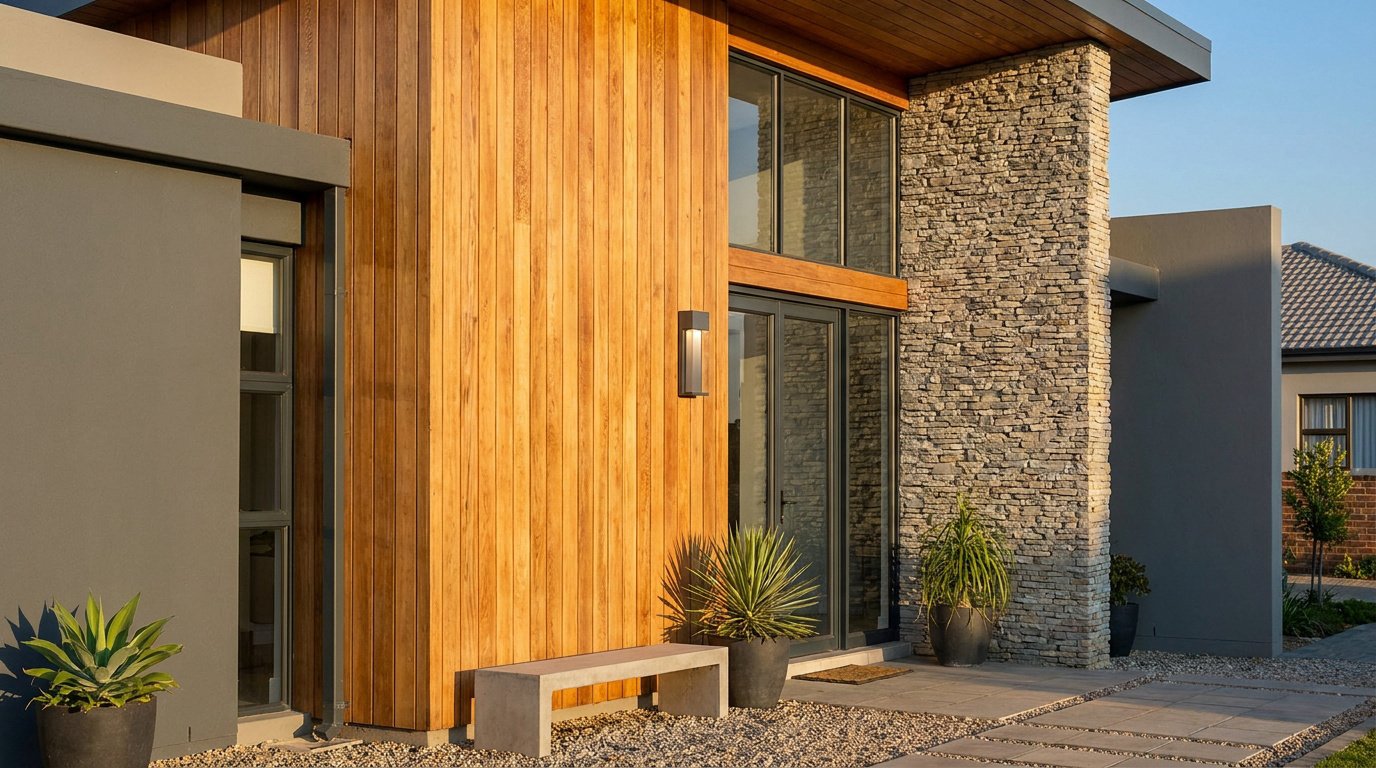 Maison moderne avec mur en bois vertical, colonne en pierre naturelle et jardin paysager épuré.