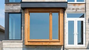 Façade de maison moderne avec une grande fenêtre en bois, des murs en pierre et une porte-fenêtre blanche à côté.