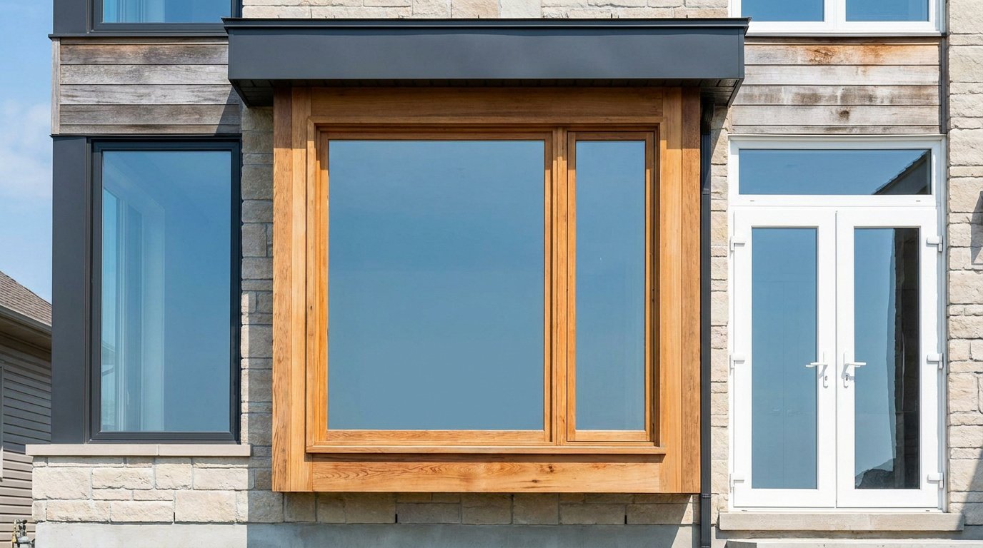 Façade de maison moderne avec une grande fenêtre en bois, des murs en pierre et une porte-fenêtre blanche à côté.