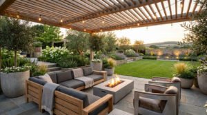 Salon de jardin extérieur sous une pergola en bois avec brasero allumé et pelouse bien entretenue au crépuscule.