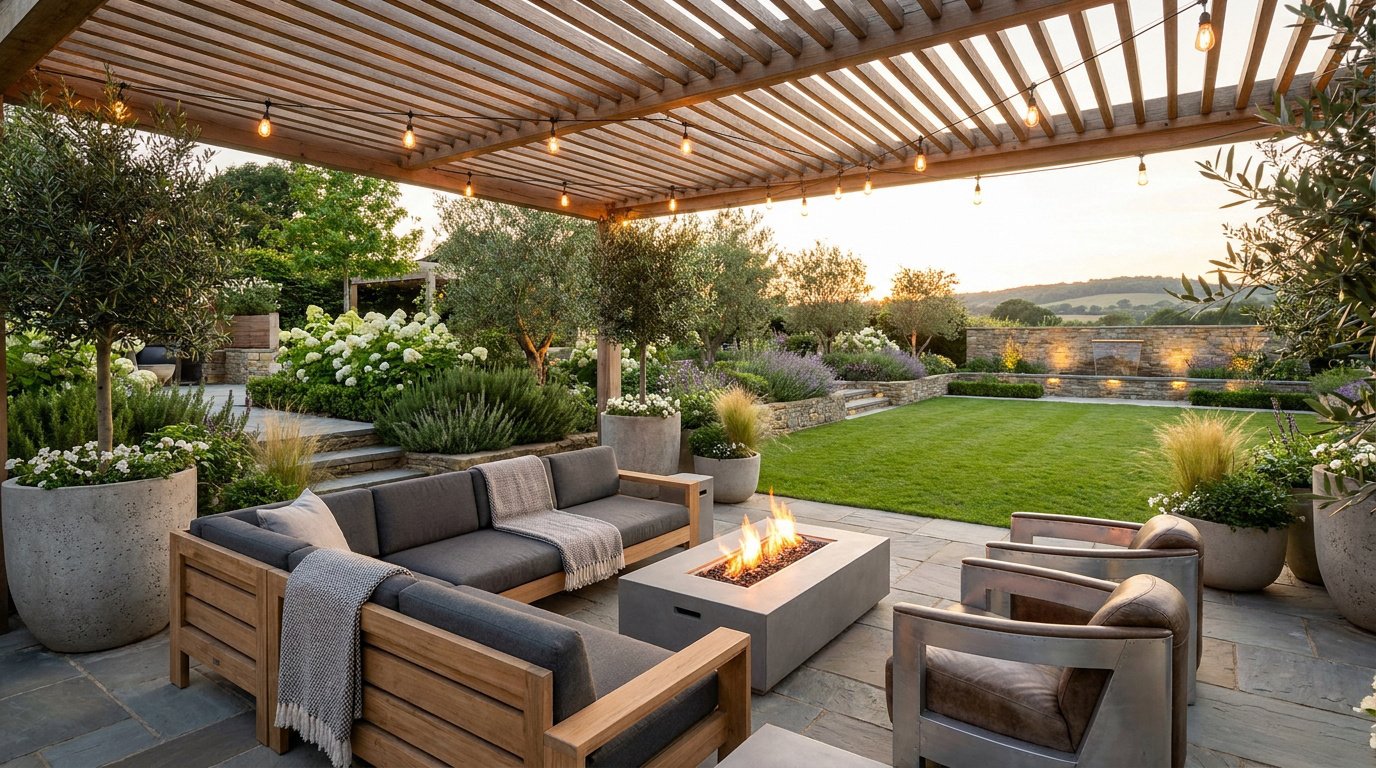 Salon de jardin extérieur sous une pergola en bois avec brasero allumé et pelouse bien entretenue au crépuscule.