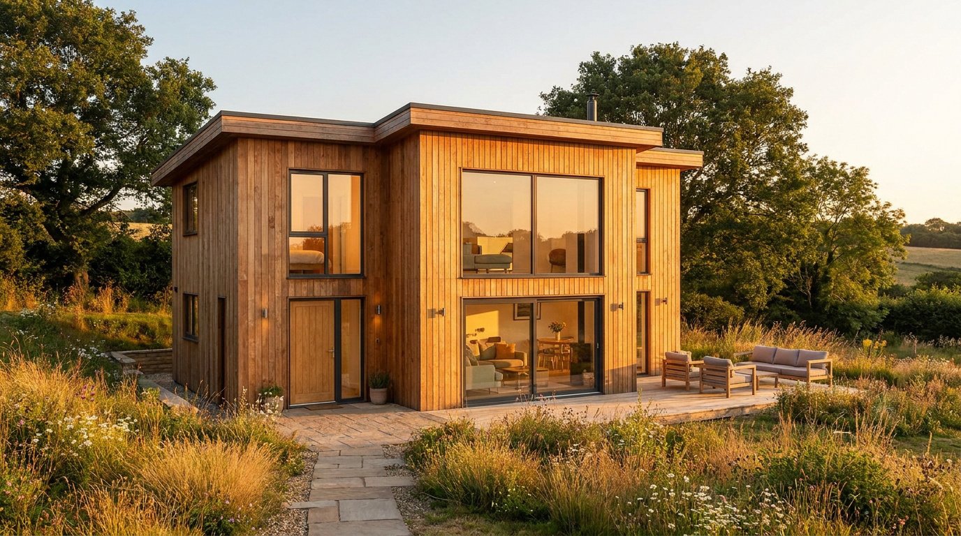 Maison contemporaine en bois à deux étages avec de grandes baies vitrées dans un paysage naturel au coucher du soleil.