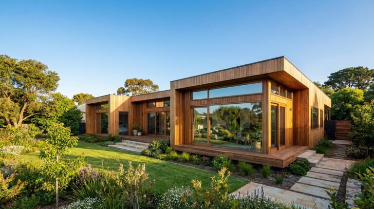 Maison moderne de plain-pied en bois avec de grandes baies vitrées donnant sur un jardin verdoyant et ensoleillé.