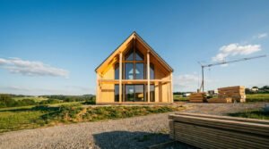 Vue de face d'une maison en bois en construction avec une charpente apparente et de grandes baies vitrées.