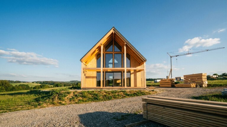 Vue de face d'une maison en bois en construction avec une charpente apparente et de grandes baies vitrées.