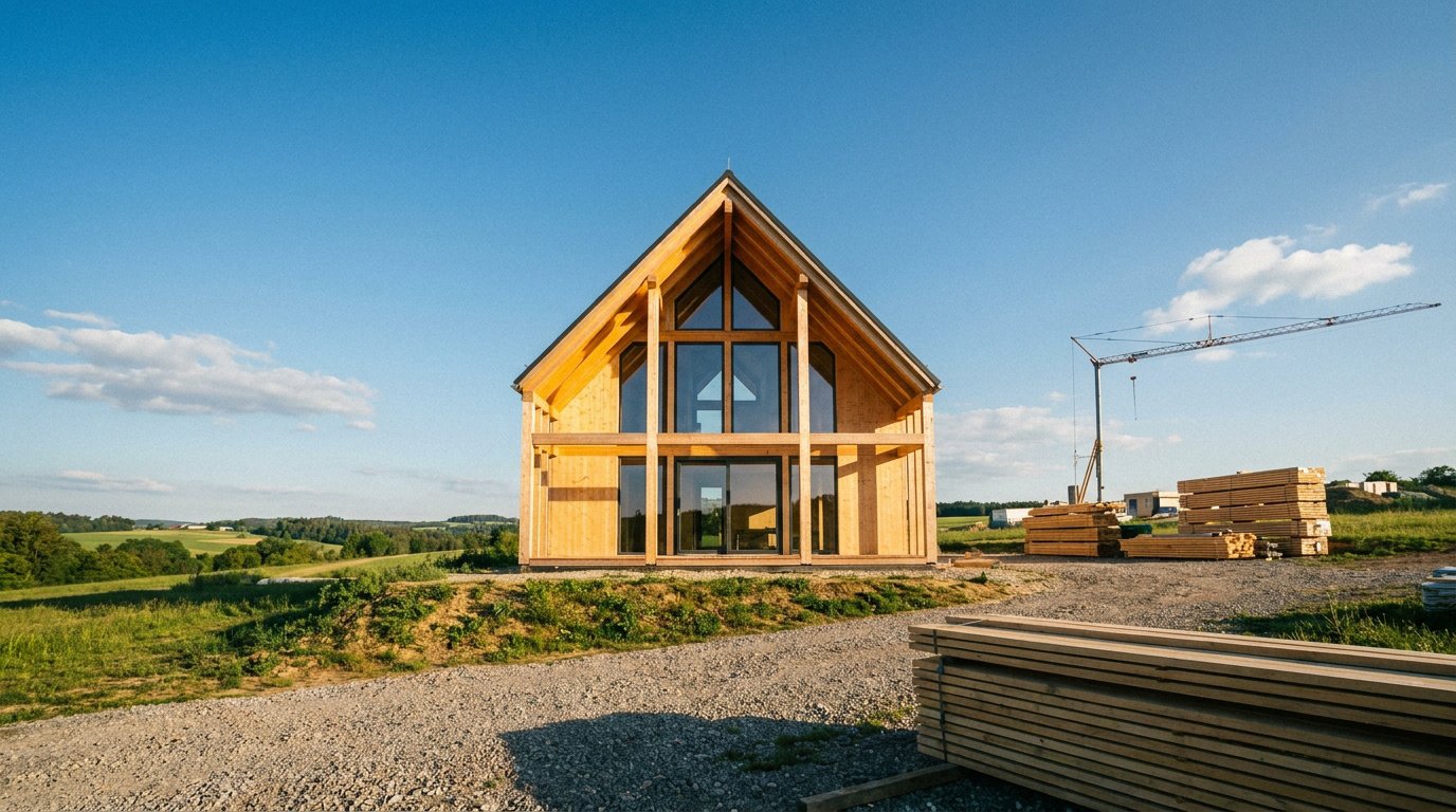 Vue de face d'une maison en bois en construction avec une charpente apparente et de grandes baies vitrées.