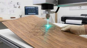 Gros plan sur une machine laser gravant un motif géométrique précis sur une feuille de placage en bois.