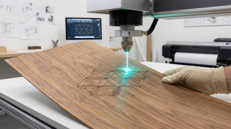 Gros plan sur une machine laser gravant un motif géométrique précis sur une feuille de placage en bois.