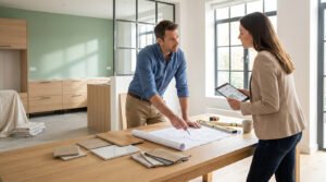 Un architecte et une cliente examinent des plans de rénovation dans une cuisine moderne.