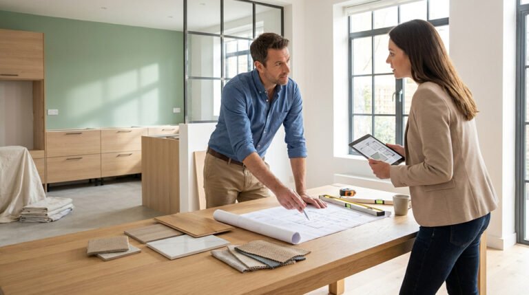 Un architecte et une cliente examinent des plans de rénovation dans une cuisine moderne.