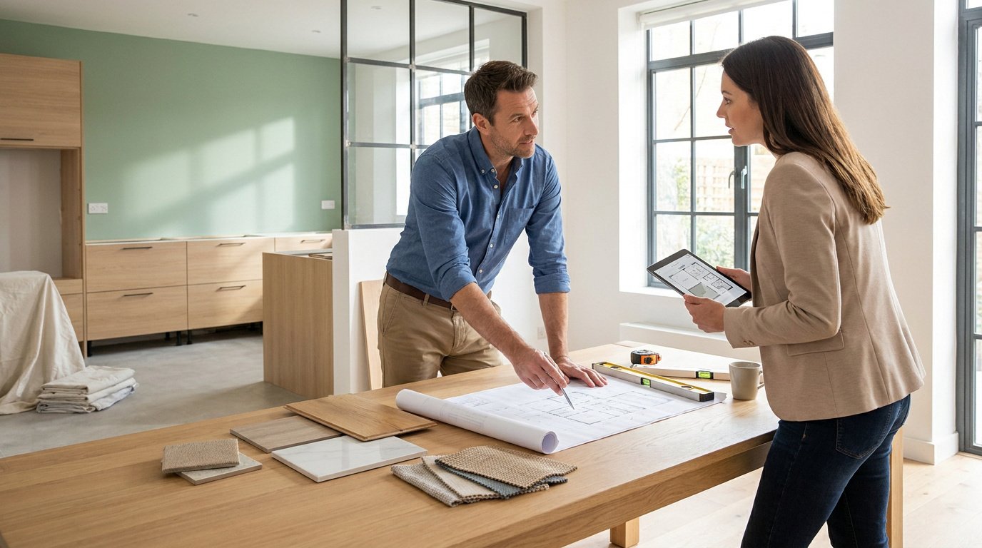 Un architecte et une cliente examinent des plans de rénovation dans une cuisine moderne.