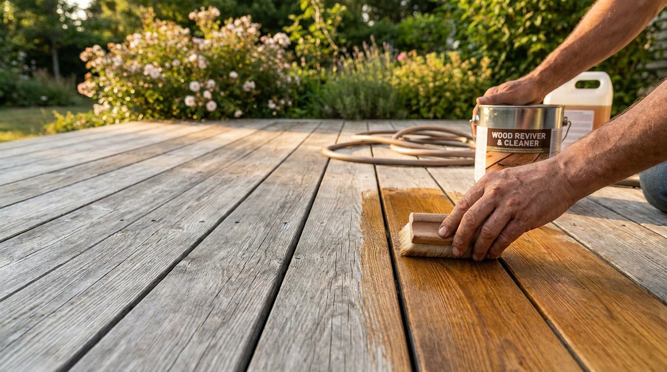 Une personne applique un produit nettoyant et rénovateur sur des lames de terrasse en bois grise et usée.