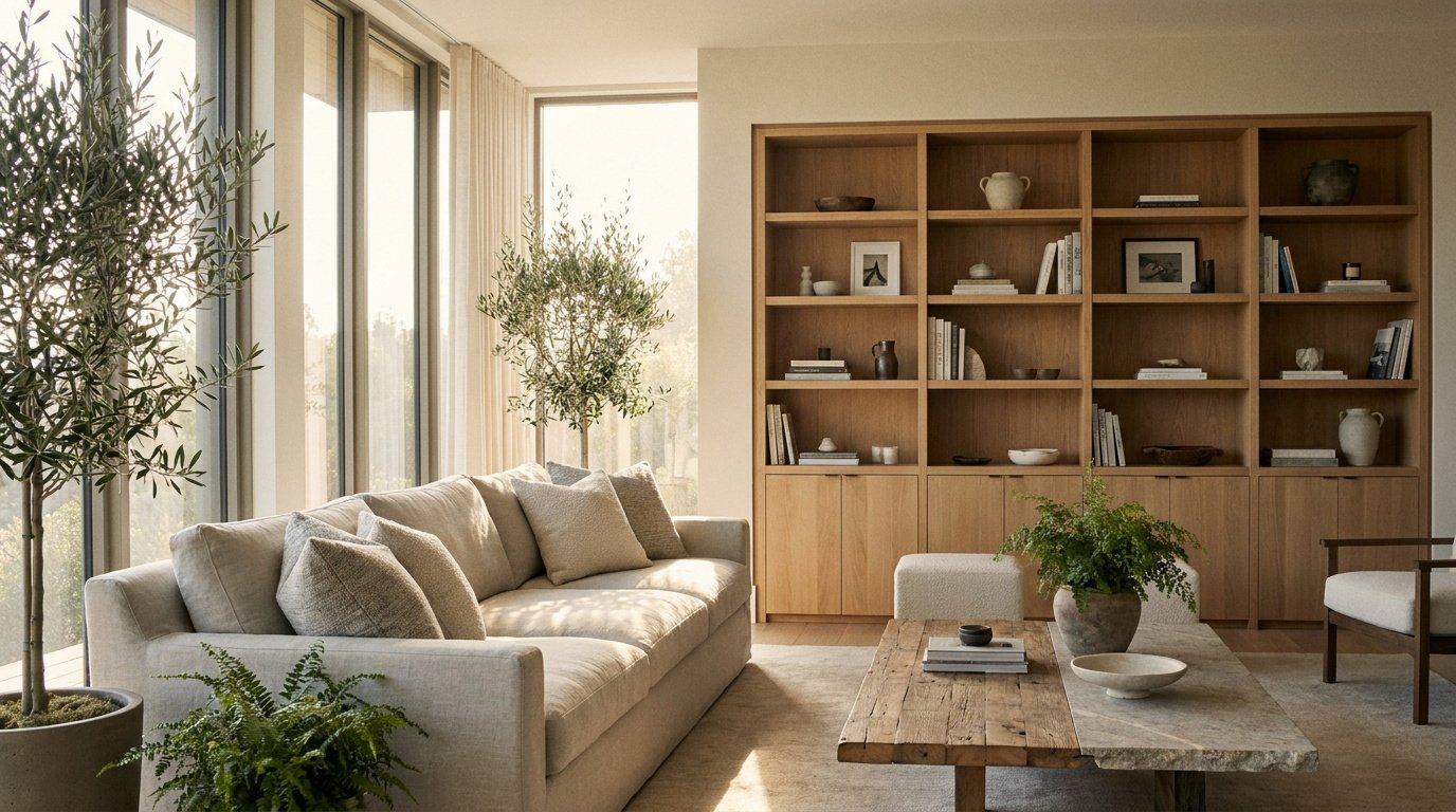 Salon moderne avec canapé beige, grande bibliothèque en bois et plantes, baigné de lumière naturelle.