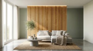 Salon moderne avec un mur décoratif en lattes de bois vertical, un canapé beige, une table basse et un olivier en pot.