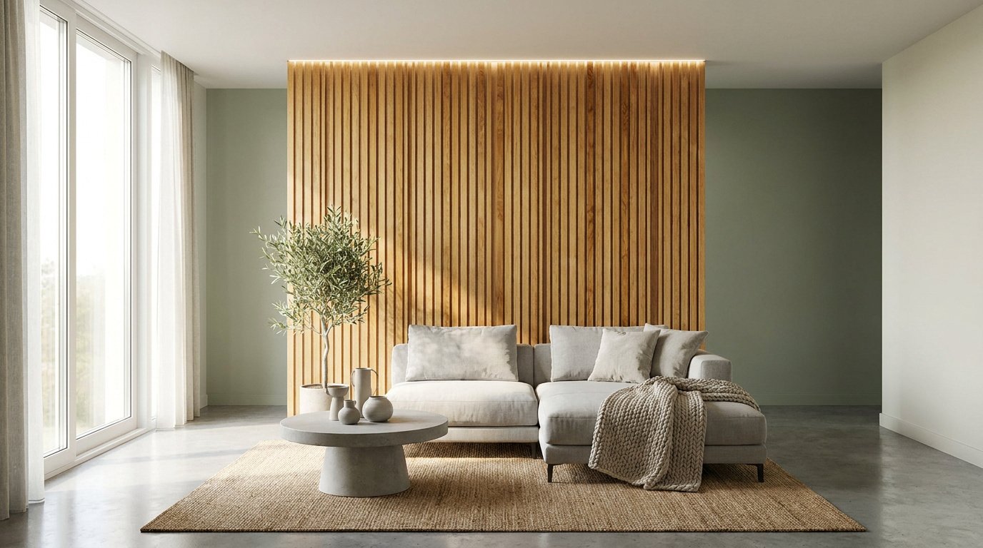 Salon moderne avec un mur décoratif en lattes de bois vertical, un canapé beige, une table basse et un olivier en pot.