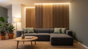 Salon moderne avec mur accent en panneaux de lattes en bois et canapé gris confortable sous un éclairage LED.