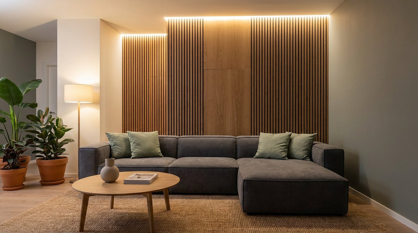 Salon moderne avec mur accent en panneaux de lattes en bois et canapé gris confortable sous un éclairage LED.