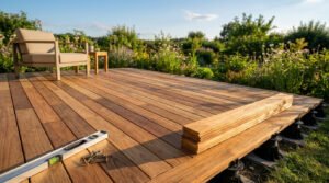 Terrasse en bois en construction avec un niveau à bulle et des vis sur les lames, installée sur des plots réglables.