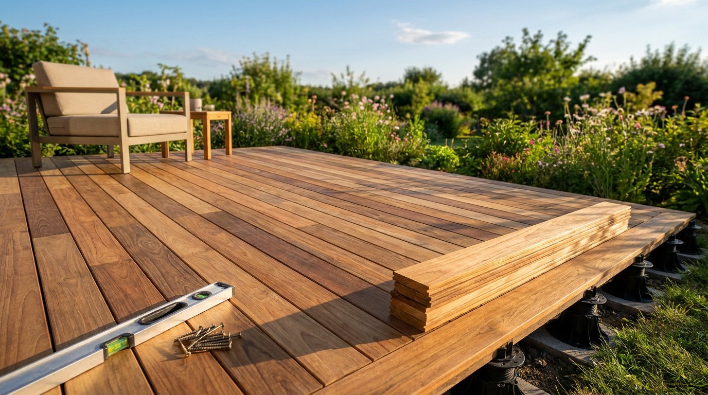 Terrasse en bois en construction avec un niveau à bulle et des vis sur les lames, installée sur des plots réglables.