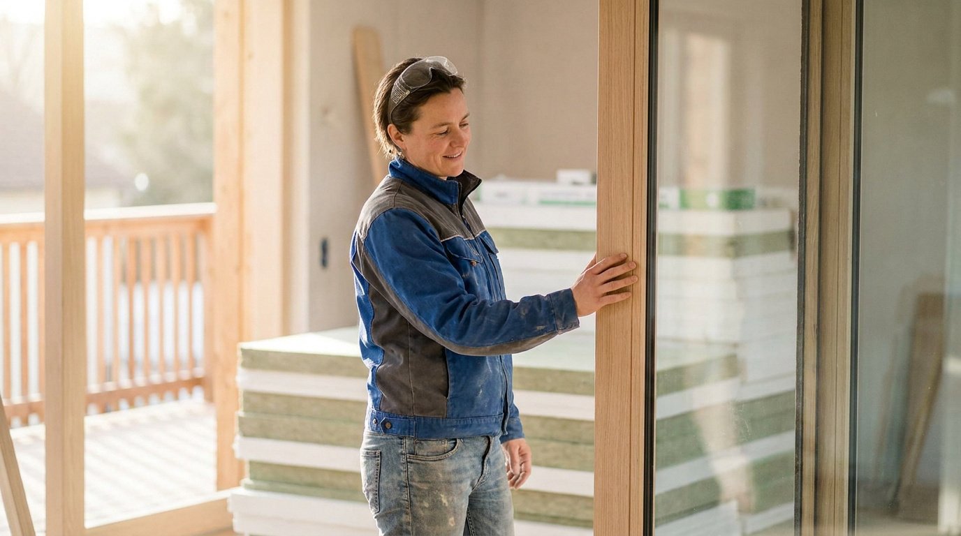 Une menuisière en tenue de travail inspecte le cadre d'une grande baie vitrée en bois sur un chantier en construction.