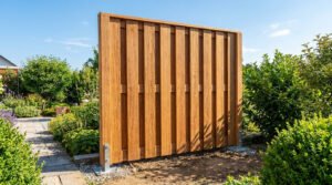 Brise-vue en bois massif installé dans un jardin ensoleillé avec des supports métalliques robustes.