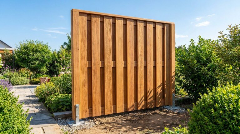 Brise-vue en bois massif installé dans un jardin ensoleillé avec des supports métalliques robustes.