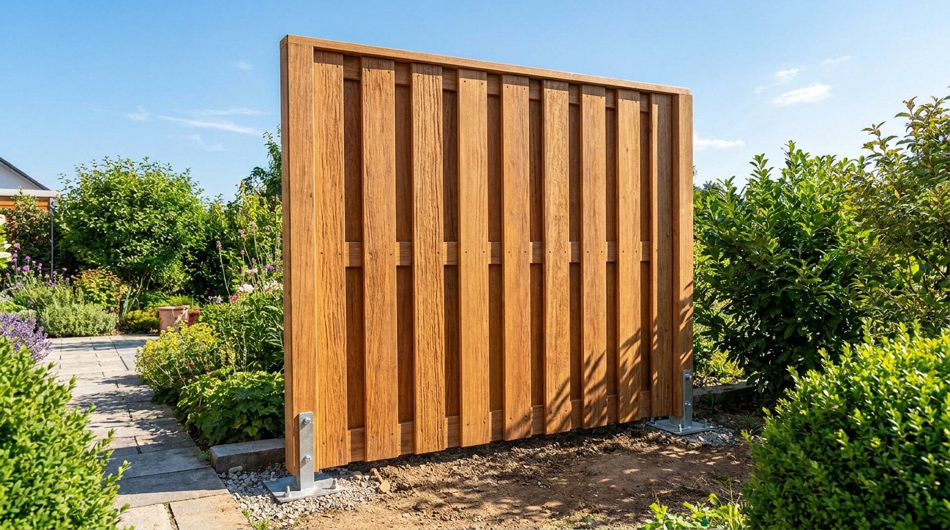 Brise-vue en bois massif installé dans un jardin ensoleillé avec des supports métalliques robustes.