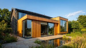 Extension moderne en bardage bois avec grandes baies vitrées donnant sur un jardin et un bassin.
