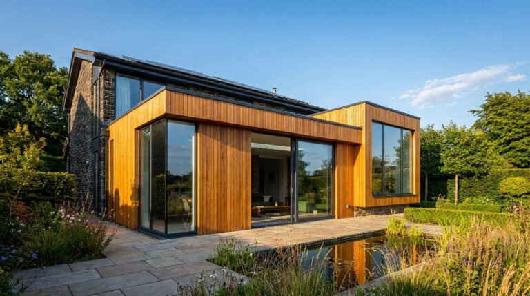 Extension moderne en bardage bois avec grandes baies vitrées donnant sur un jardin et un bassin.