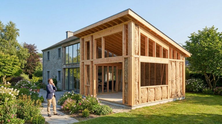 Un homme en costume regarde une extension de maison en ossature bois en cours de construction dans un jardin arboré.