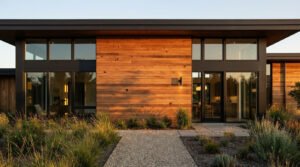 Maison moderne à façade en bois chaleureux avec de grandes baies vitrées et un jardin paysager au crépuscule.